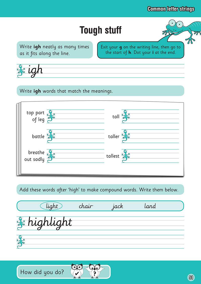 Children practise writing the 'igh' letter string, match meanings to spell words, and form compound words with 'high'