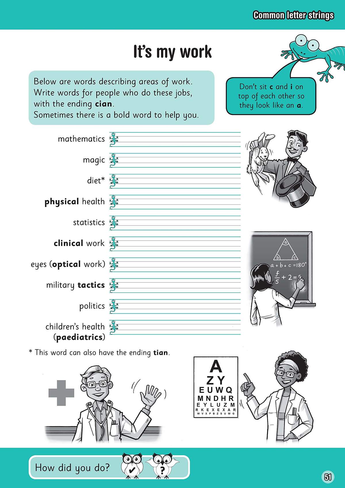 Children write job titles ending in -cian for given areas of work, using bold hints and a tip on letter formation