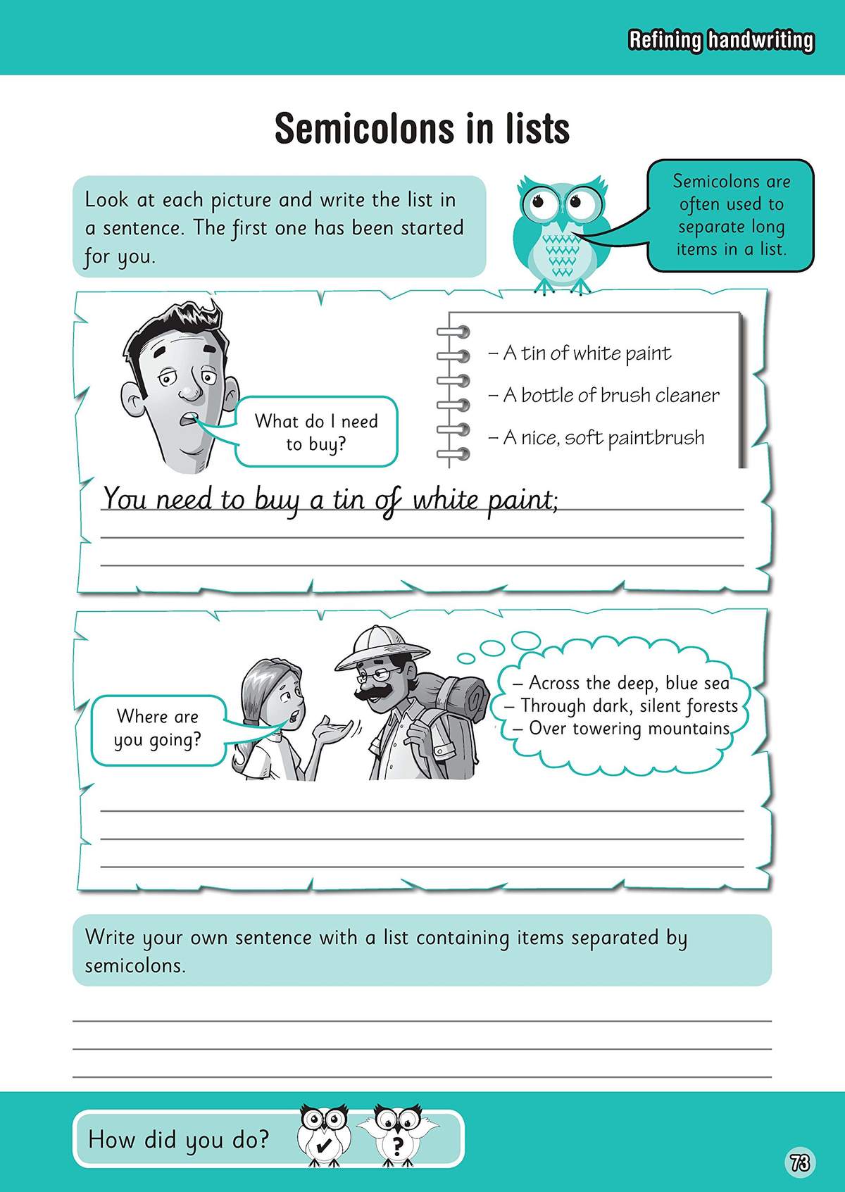 Children write sentences using semicolons to join list items, supported by cartoon characters and lined spaces