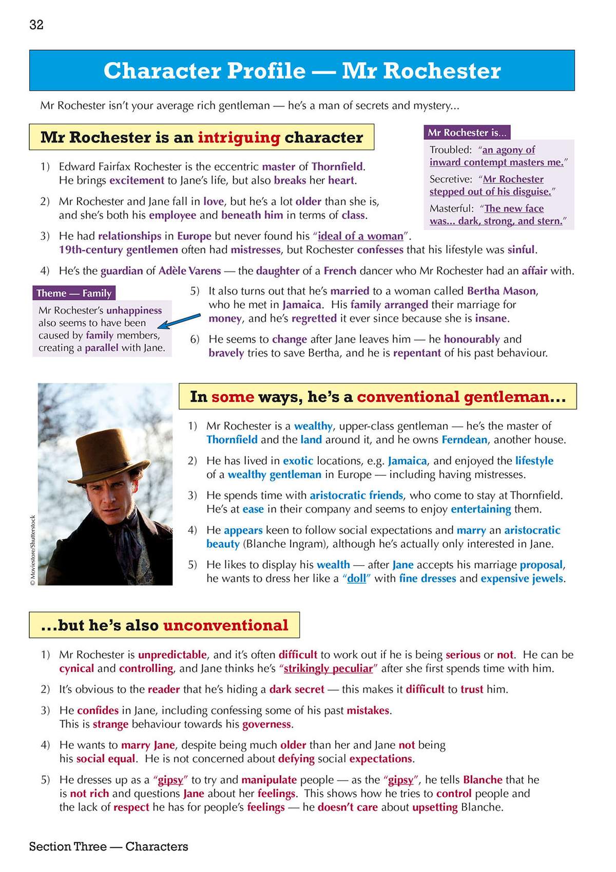 A detailed character profile of Mr Rochester, listing his traits, relationships, and secrets to help students analyze him