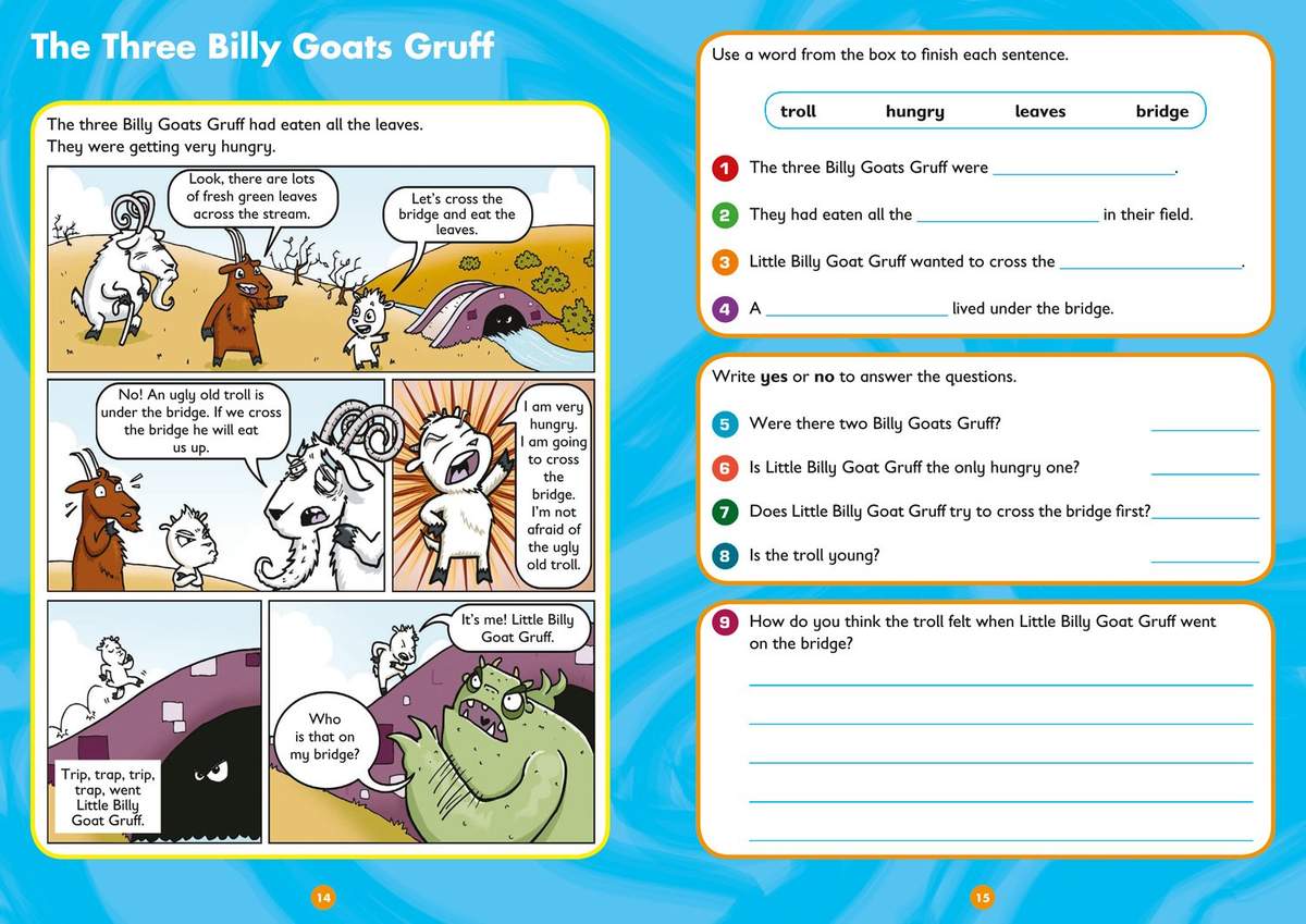 A comic strip of The Three Billy Goats Gruff is followed by nine questions to check understanding of the story