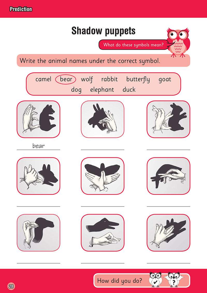 Children match nine animal names to their shadow puppet shapes, circling the correct word and writing it under each picture