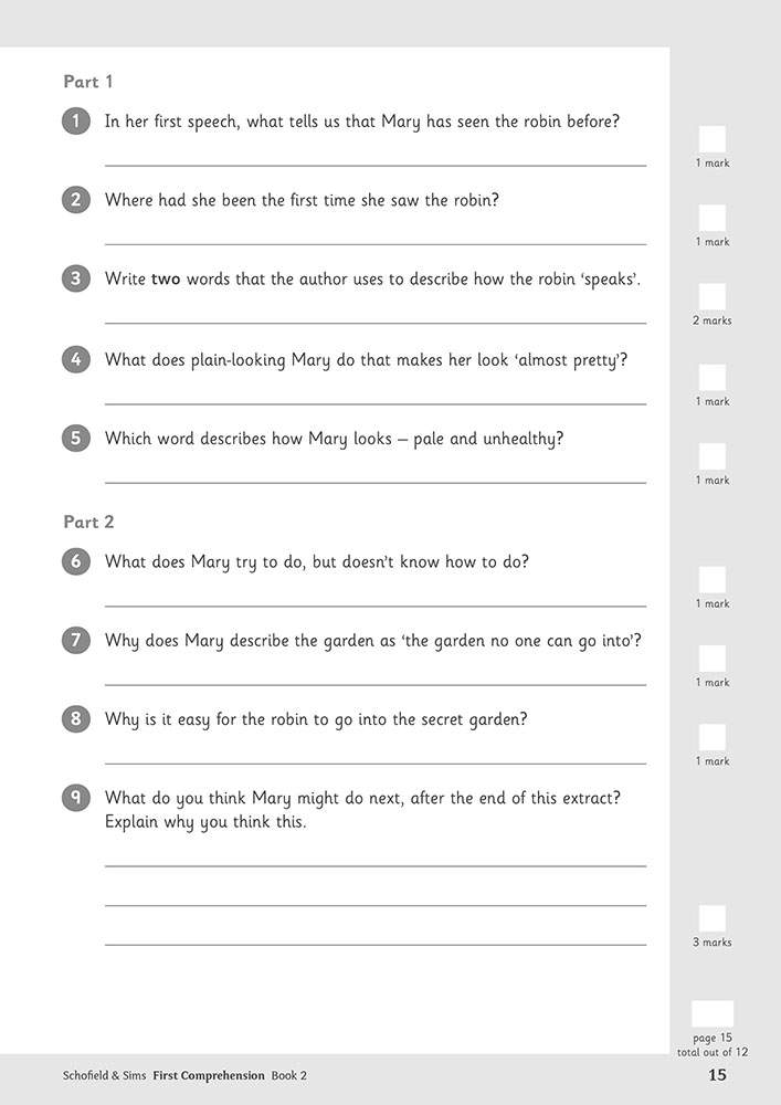 Nine comprehension questions based on a story about Mary and a robin, with space to write short answers