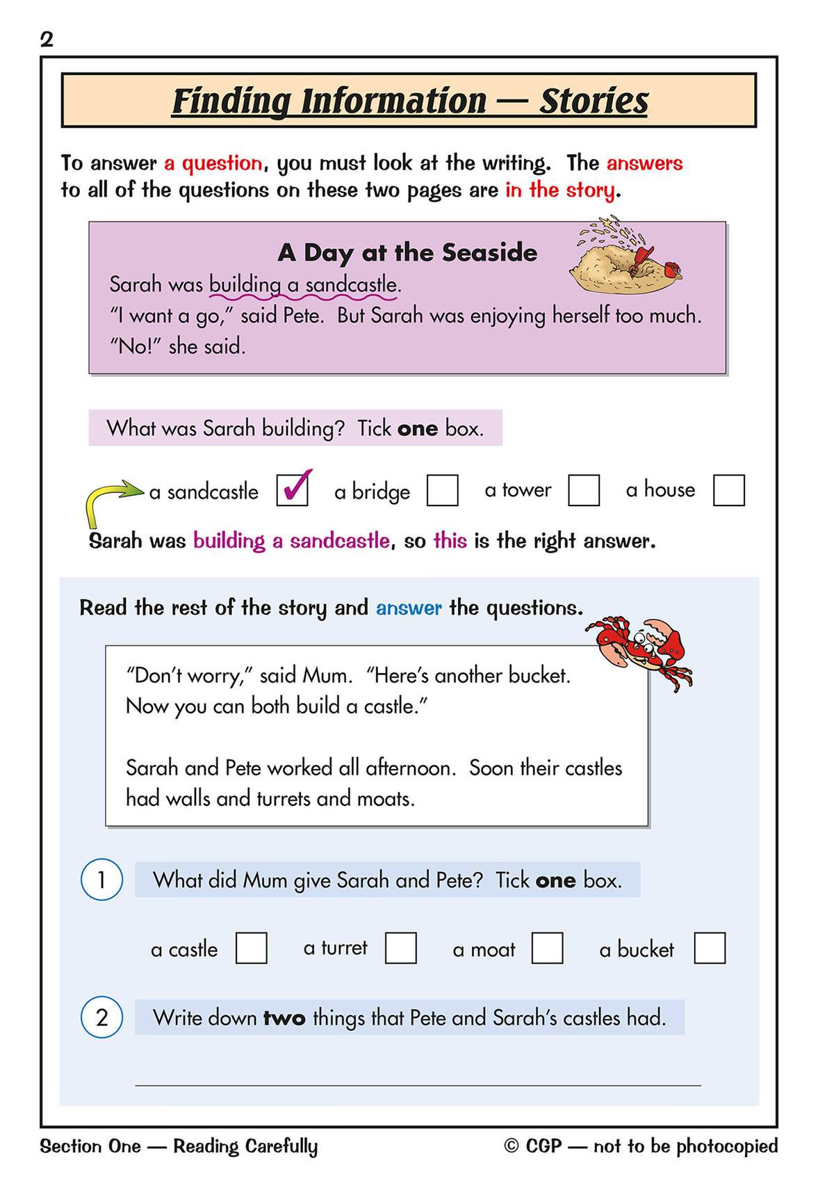 Children read a short seaside story and answer questions by ticking boxes and writing two details