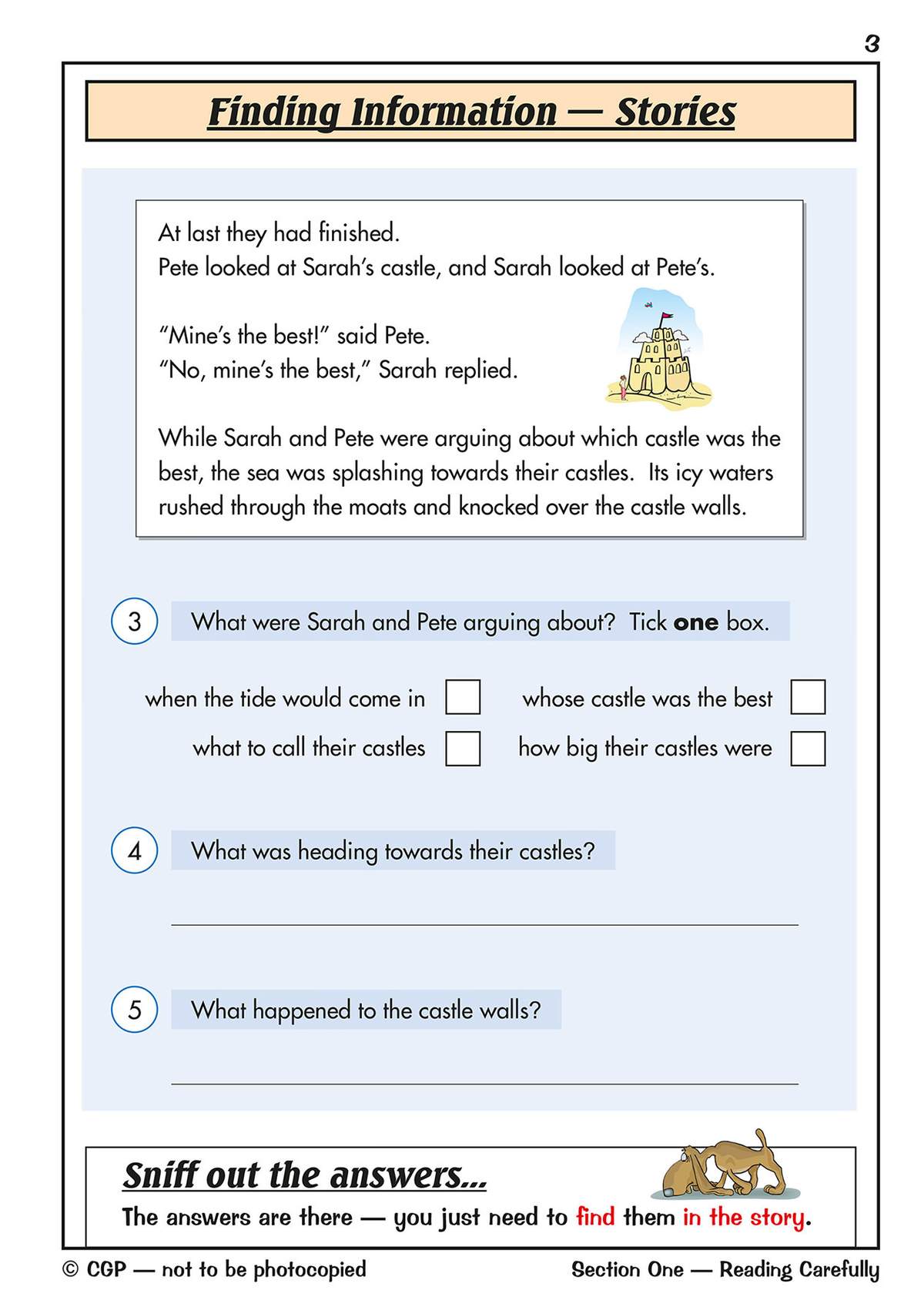 A short story about two children building sandcastles, followed by three questions to test reading comprehension