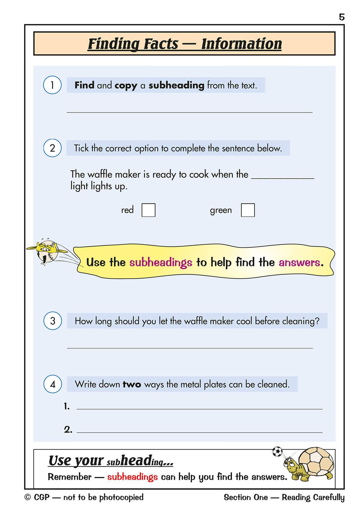 Children copy a subheading, tick the correct option, and write short answers to questions about a waffle maker