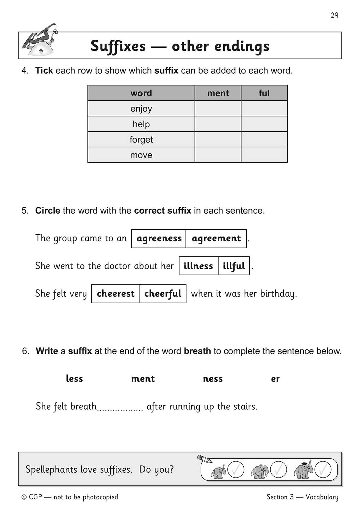 Children tick boxes to match words with suffixes, circle the correct word in sentences
