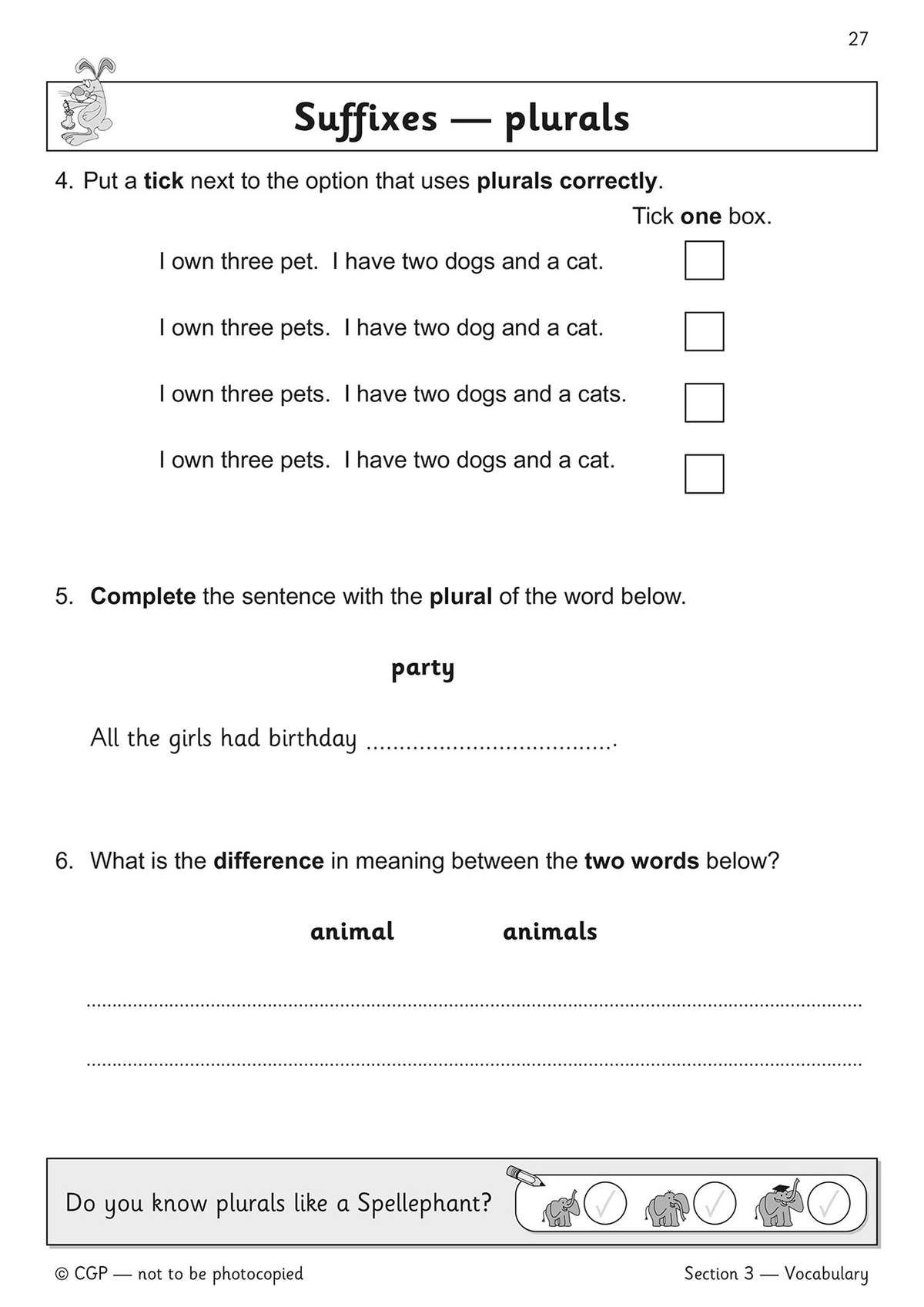 Children tick the correct plural sentences, complete a sentence with the plural of 'party'