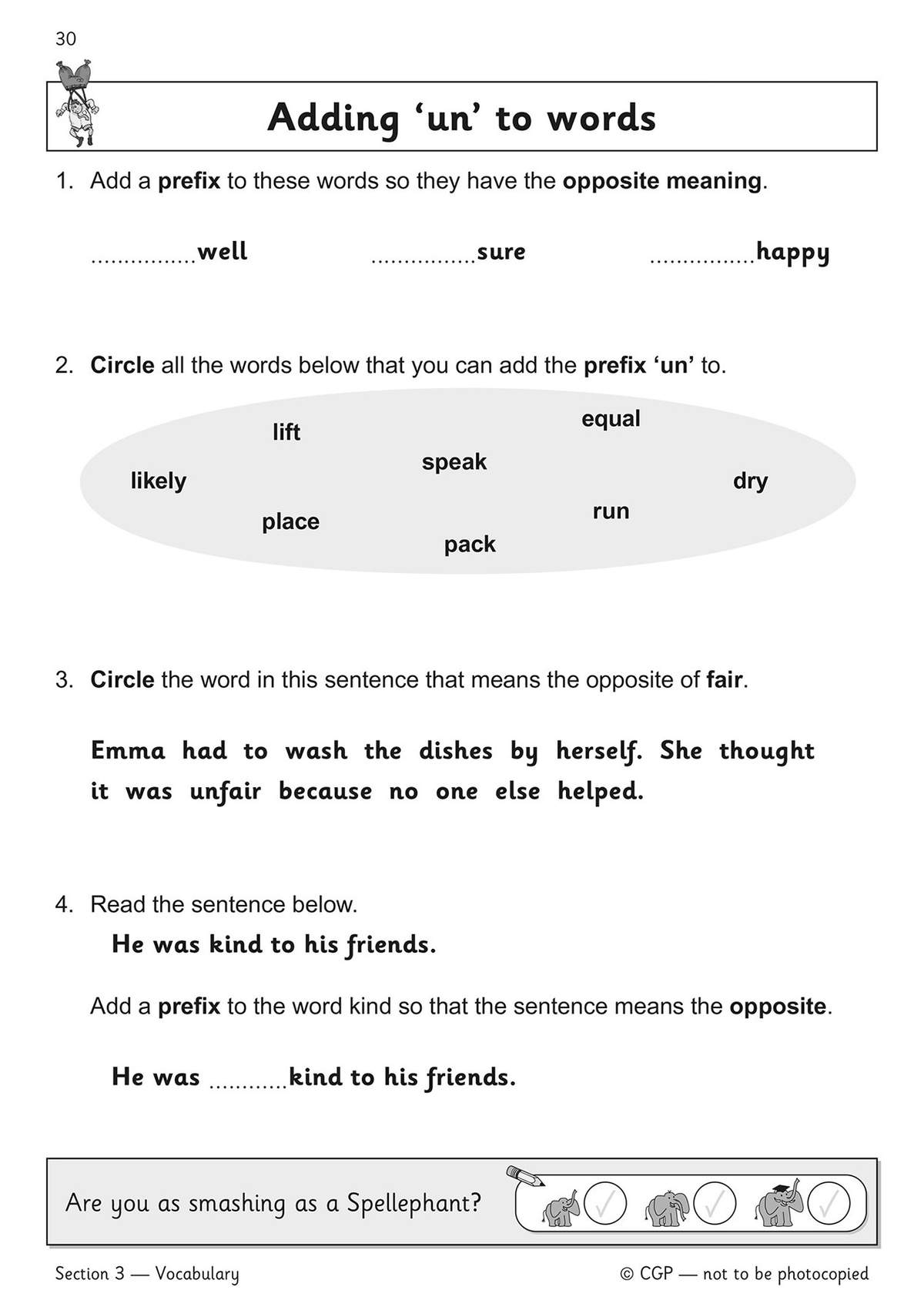 Children add the prefix 'un' to words to make opposites, circle correct words, and complete a sentence