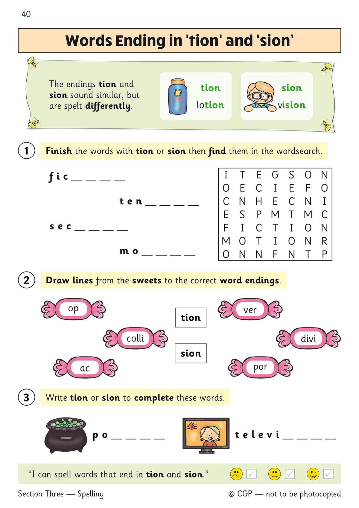 Children finish four words, match sweet parts to endings, and write the correct suffix to complete two more words