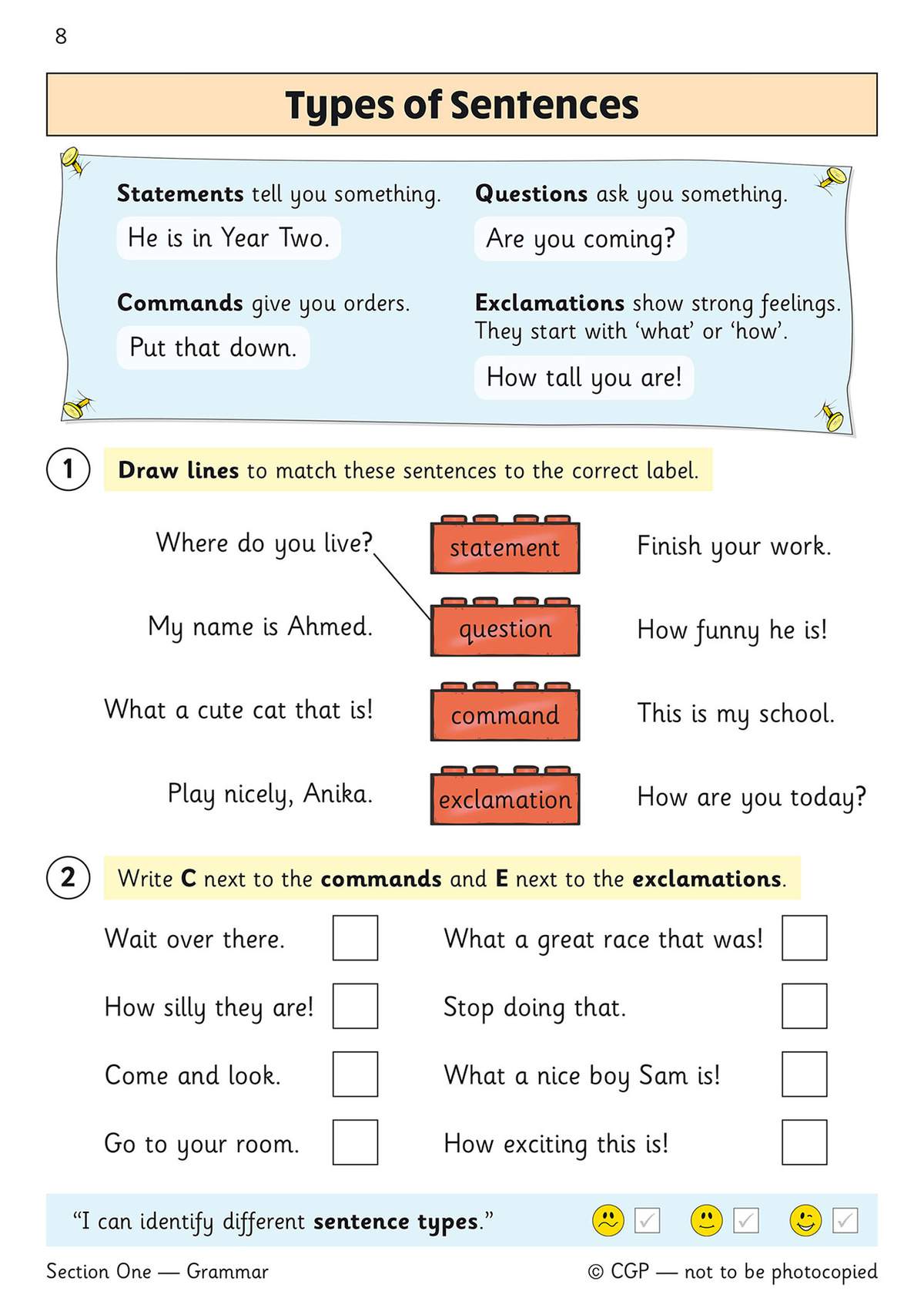 Children match sentences to labels, then tick boxes to identify commands and exclamations, building their grammar skills
