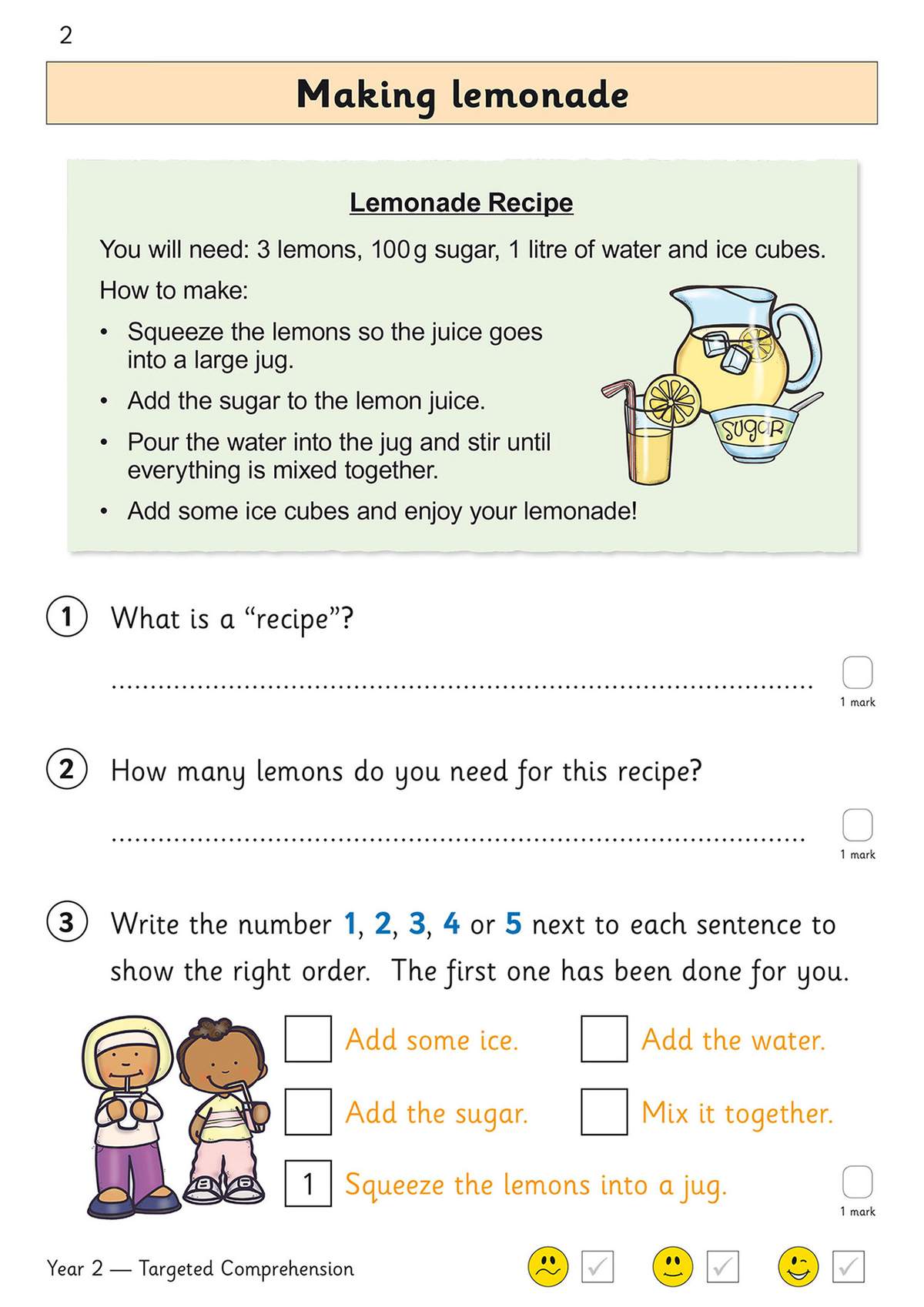 Children read a lemonade recipe, answer two short questions, and order the steps by writing numbers in boxes
