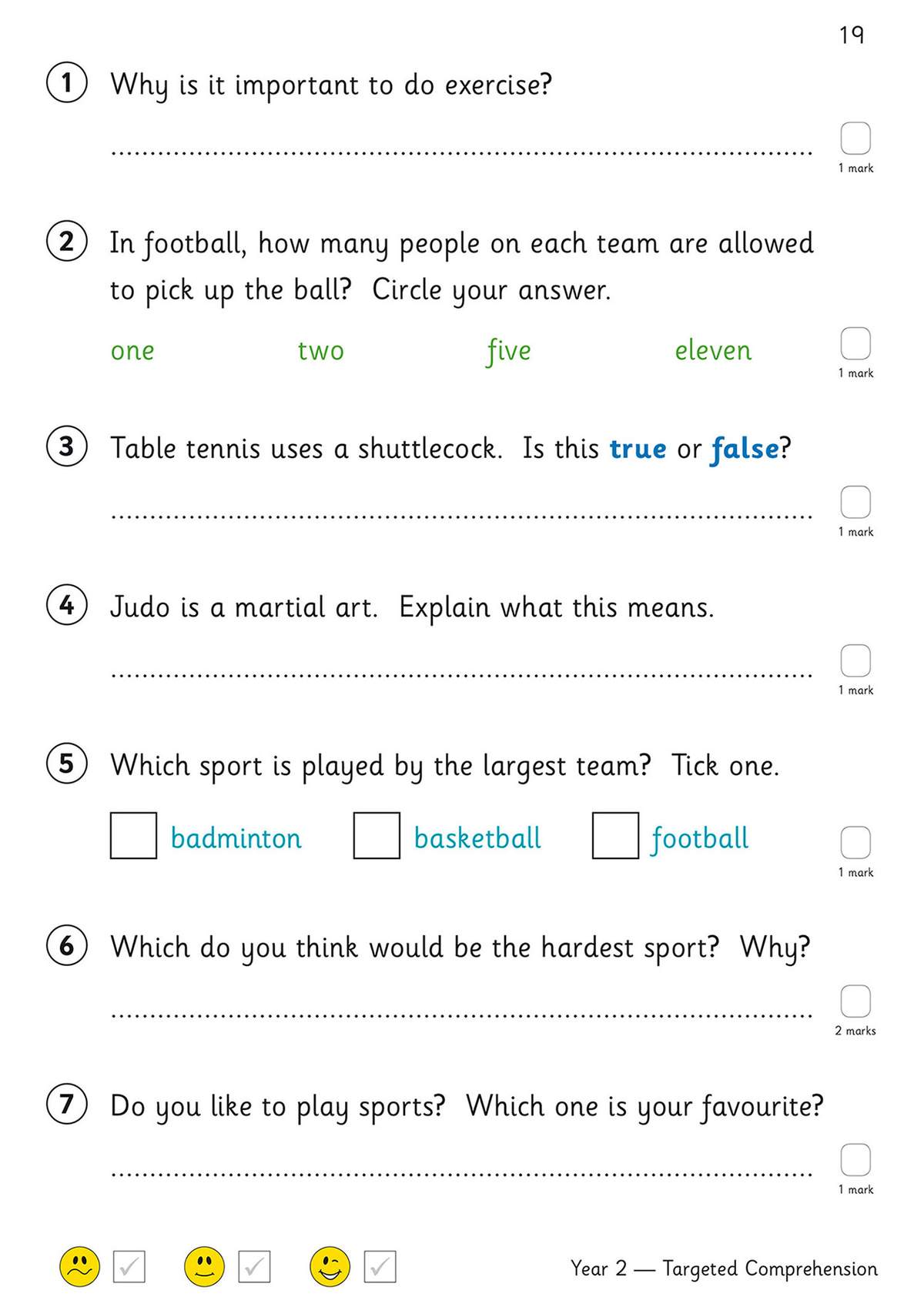 Seven questions on sports and exercise, including short answers, true or false, and multiple choice