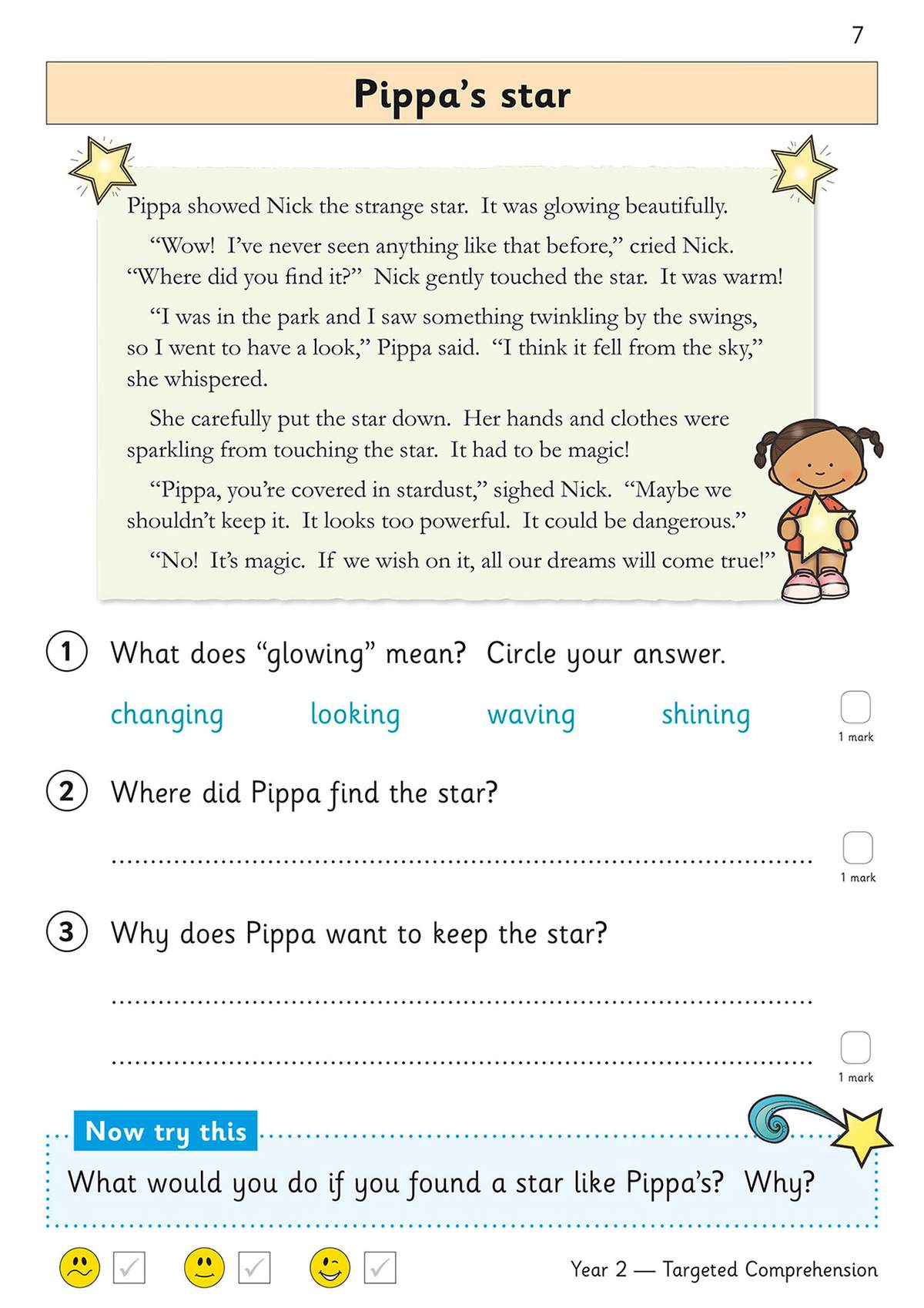 A short story about a magical star, followed by questions to circle meanings, write answers and reflect on what they would do