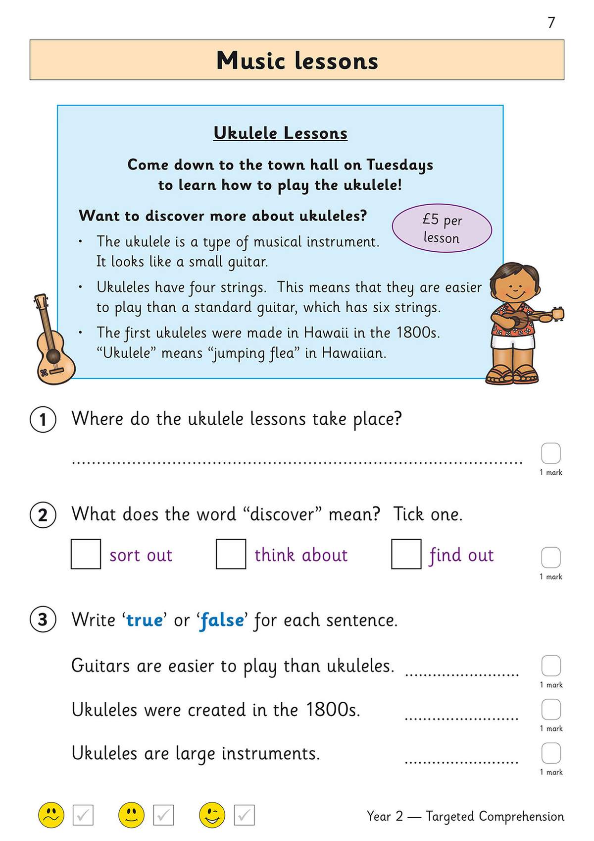 A short text about ukulele lessons is followed by three questions where children write answers, tick options