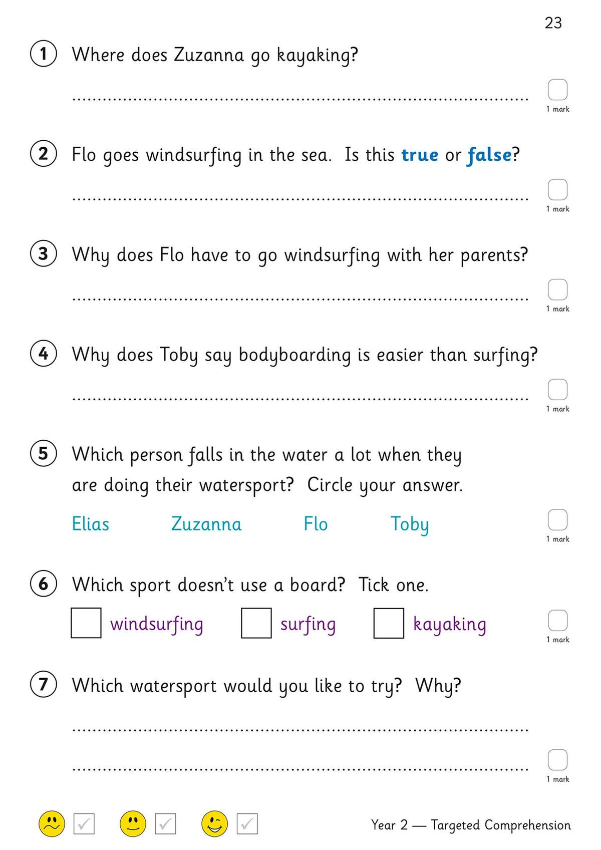 Seven questions on a reading passage about children doing watersports, with space to write answers and tick boxes