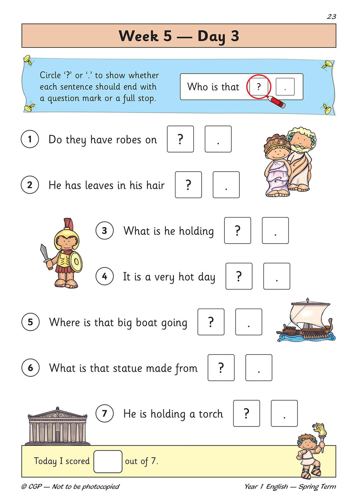 Children circle the correct punctuation for seven sentences about Greek gods and tick their score