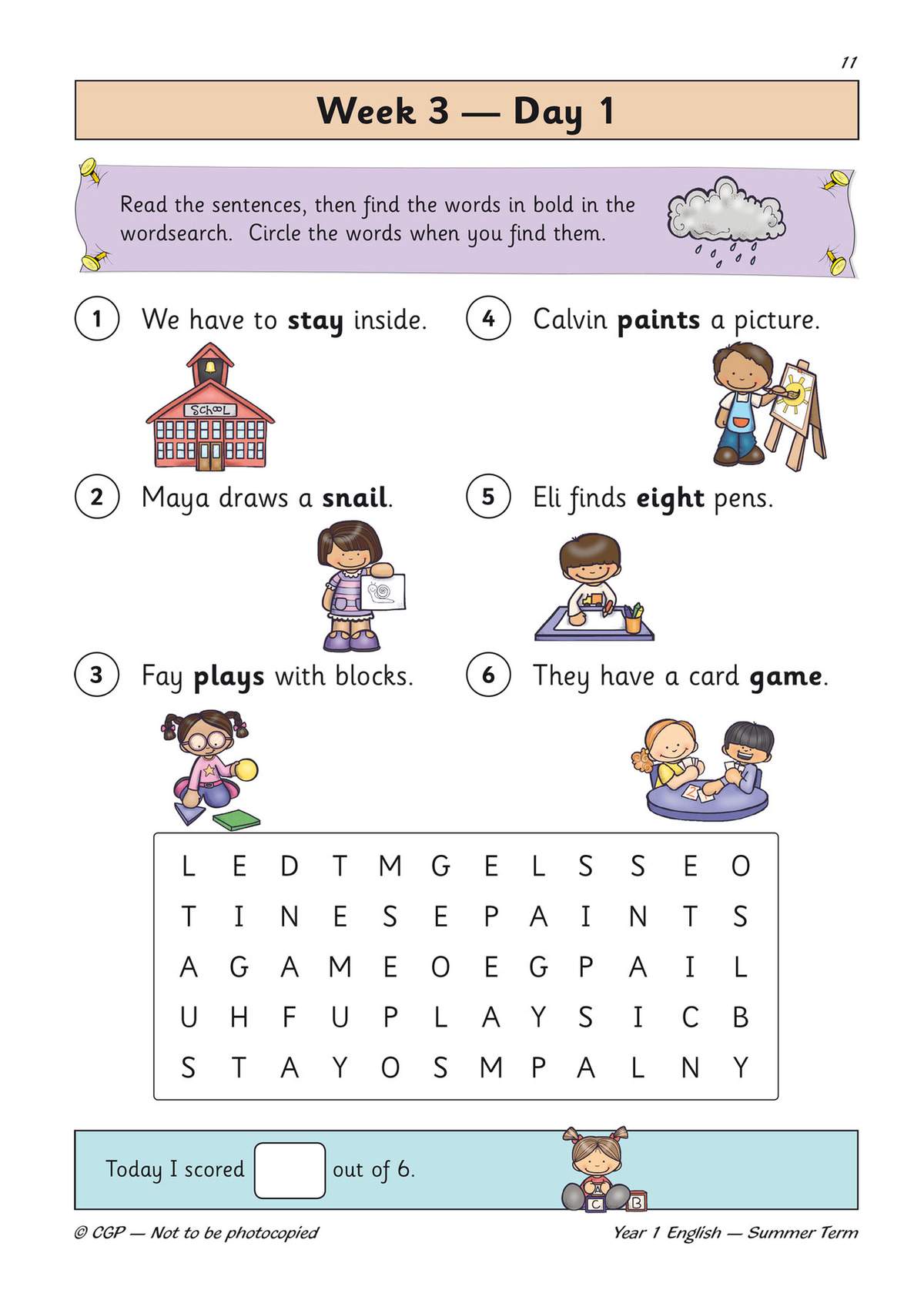 Children read six sentences, circle the bold words, then find and circle those words in a wordsearch grid