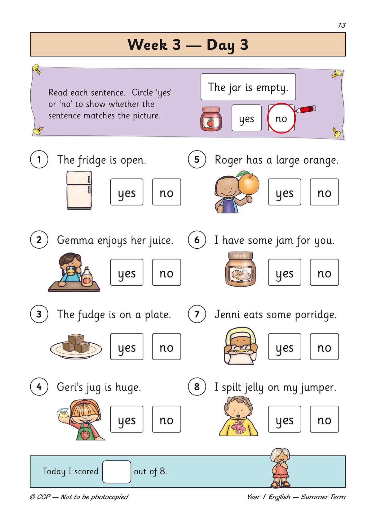 Children read eight sentences and circle 'yes' or 'no' to match the pictures, building early reading comprehension