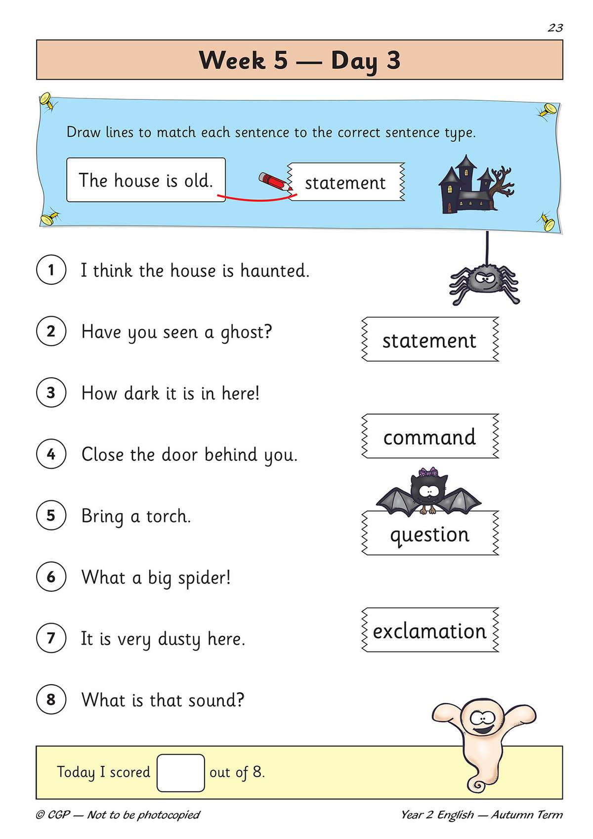 Children match sentences to types like statement and command, then draw lines to pair them correctly