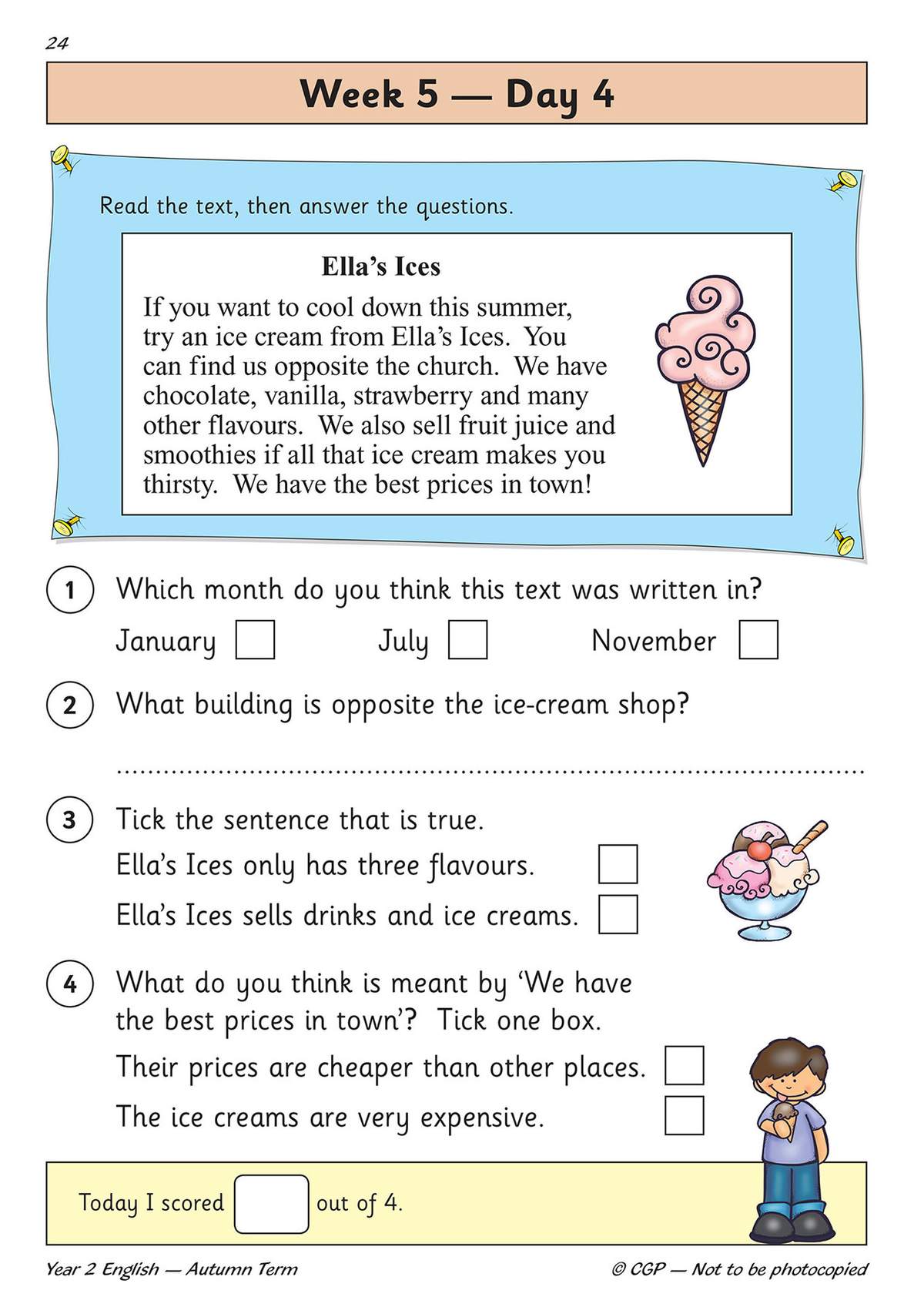 A short text about an ice cream shop, followed by four questions to test reading comprehension and inference skills