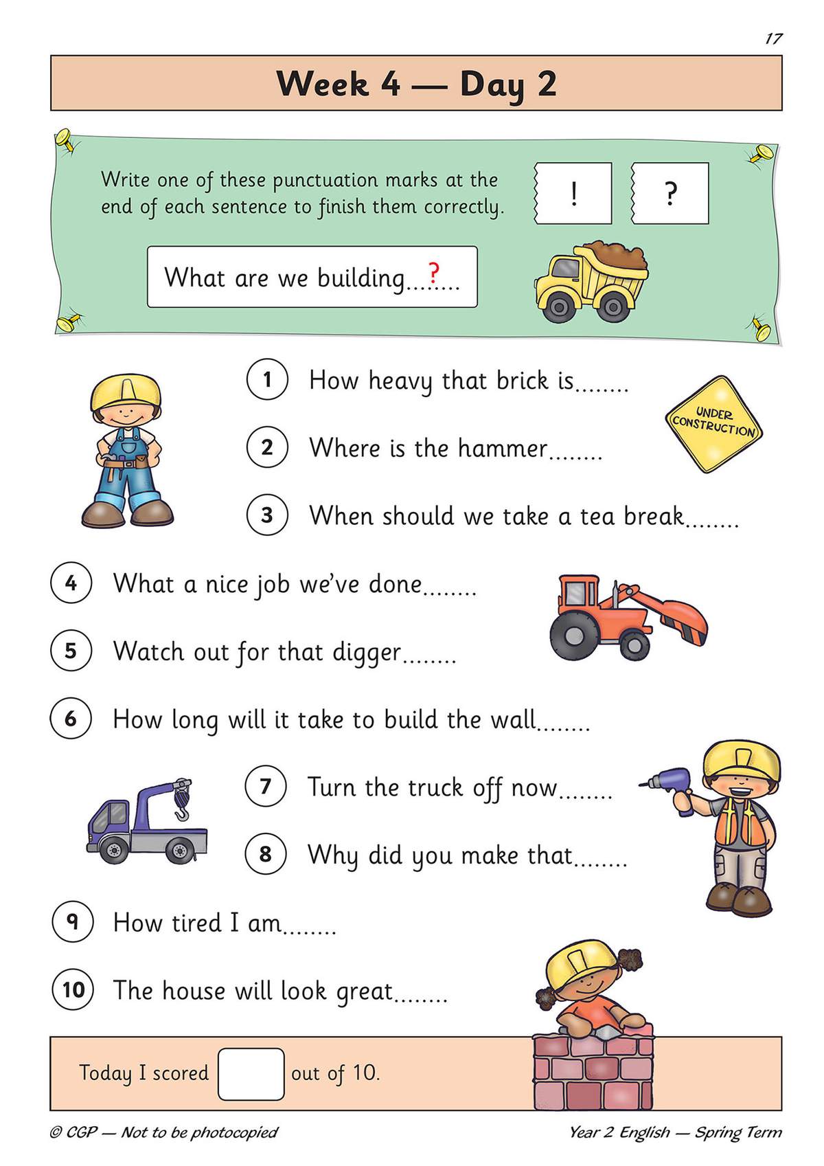 Children choose between a full stop or question mark to finish ten sentences, with a score box at the bottom