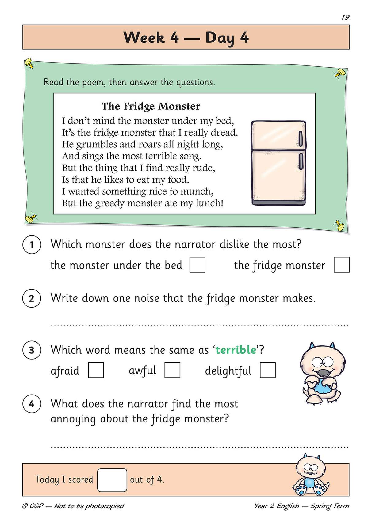 Children read a poem about a fridge monster, then answer four questions using multiple choice, writing and ticking boxes
