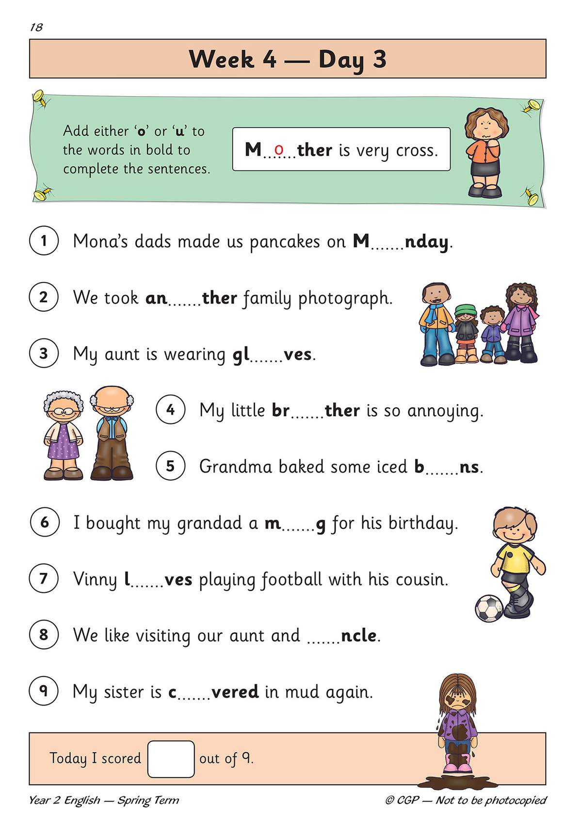 Children add 'o' or 'u' to bold word stems to complete sentences about family and daily life