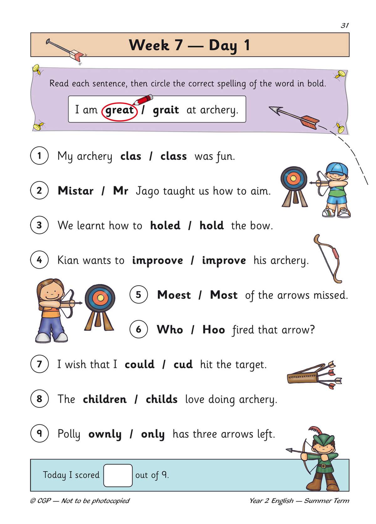 Children circle correct spellings in archery sentences and write their score out of nine