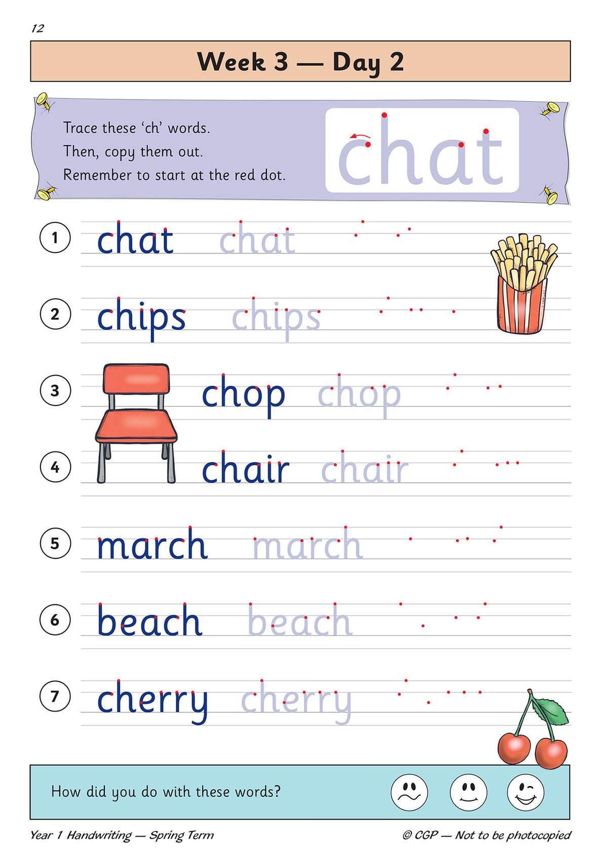 Children trace seven 'ch' words with red dots, then copy them out, and tick a face to self-assess