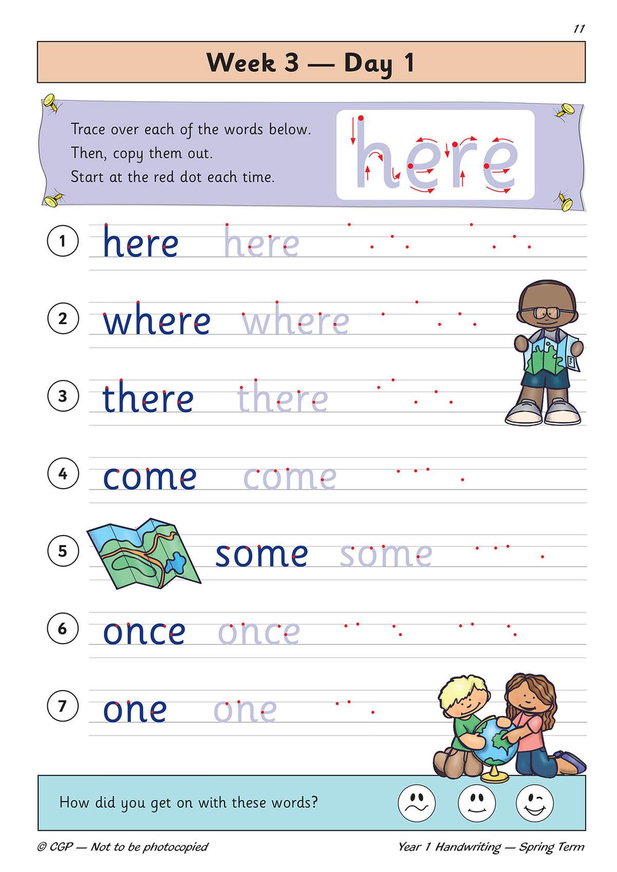 Children trace seven words with red dots, then copy them out to practise neat handwriting