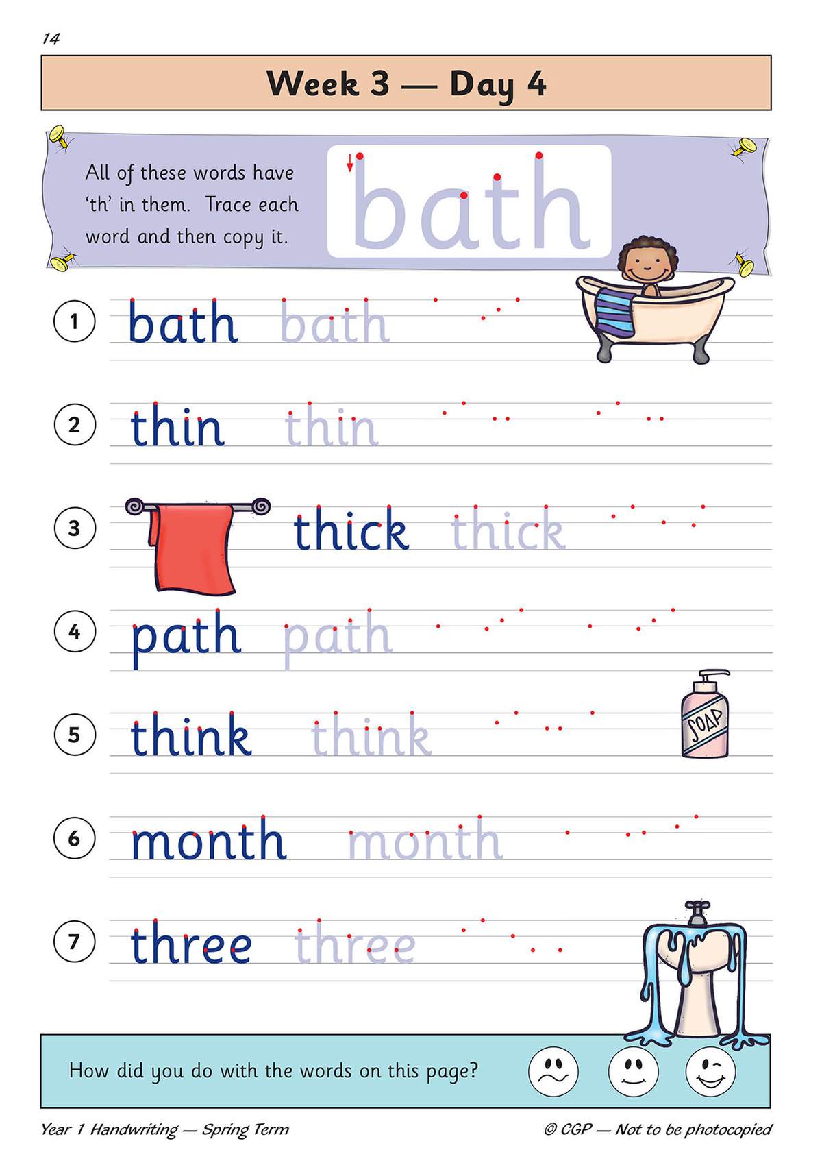 Children trace seven words containing 'th' and copy them, then tick a face to self-assess their work
