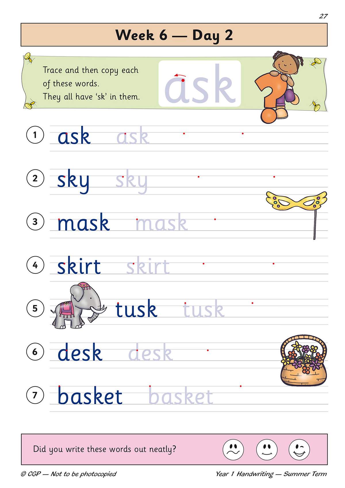 Children trace and copy seven words containing the 'sk' sound, then self-assess their neatness with a smiley face