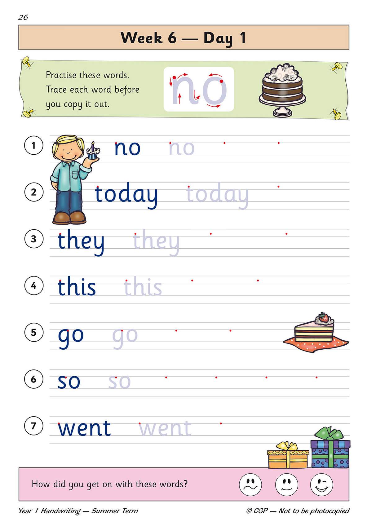 Children trace seven words with arrows, then copy them onto lined paper, finishing with a smiley face to self-assess