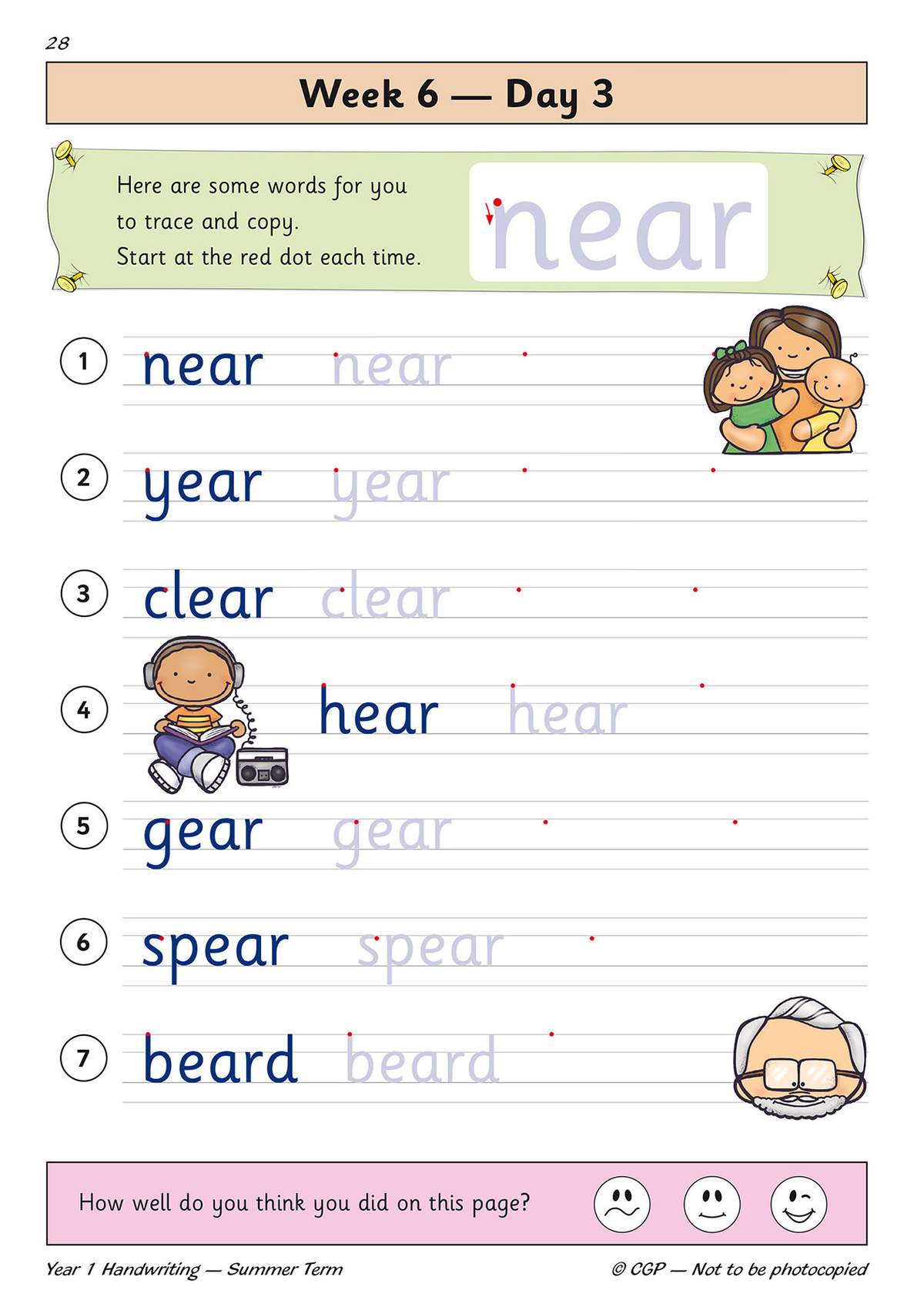 Children trace and copy seven words containing the 'ear' sound, using dotted guides and red starting dots