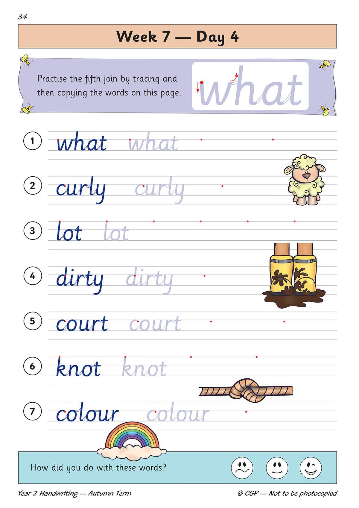 Children trace seven words with arrows, then copy them onto lines, using a rainbow to self-assess their effort