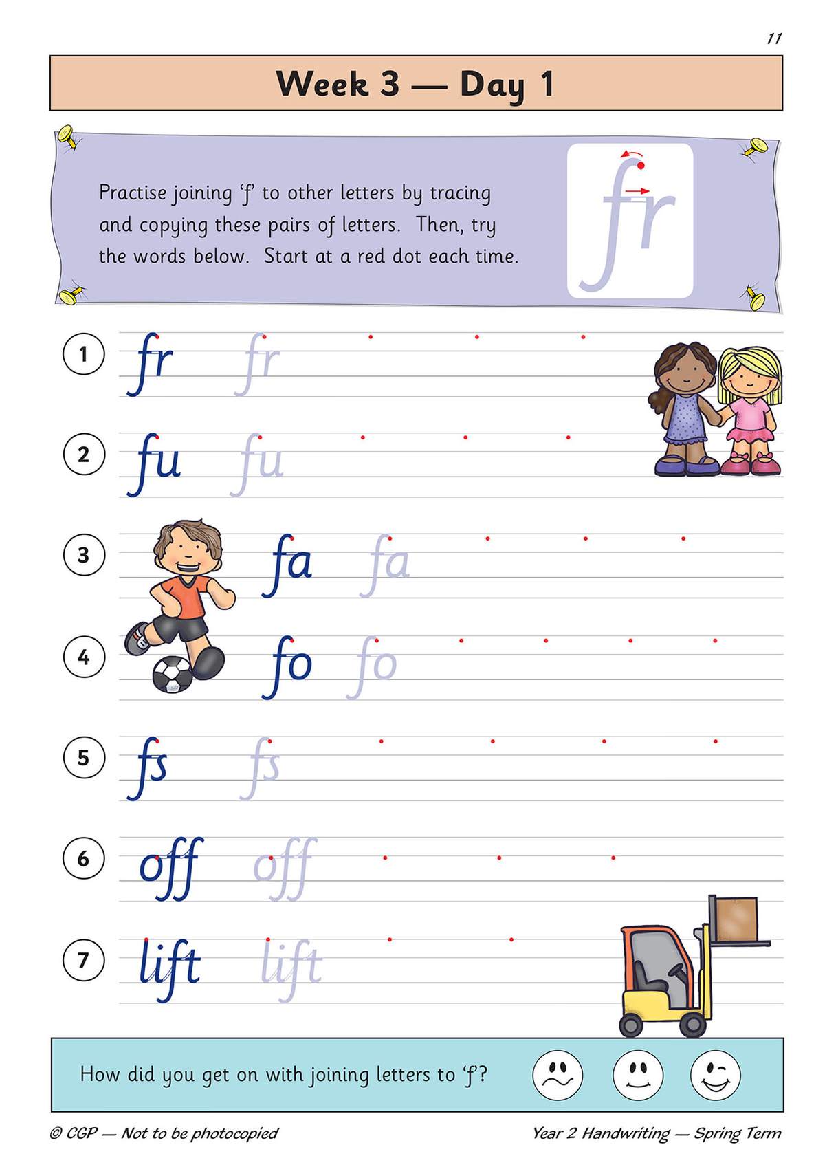 Children trace and copy letter pairs starting with 'f', then write words like 'off' and 'lift' to practise joined-up writing