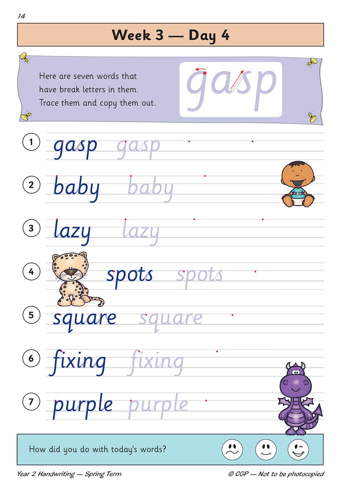 Children trace seven words with break letters, copy them onto lines, and tick a face to self-assess