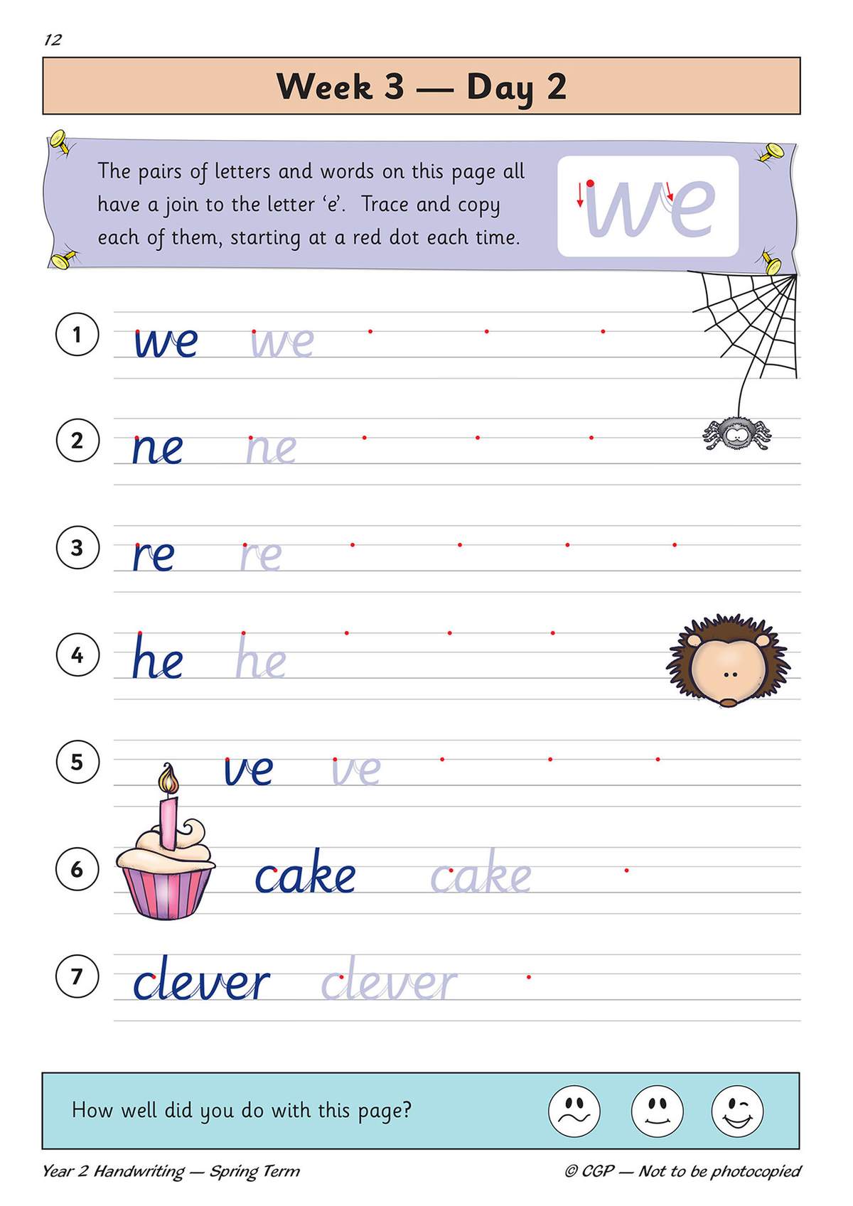 Children trace and copy words with the letter 'e' using dotted guides and red starting dots