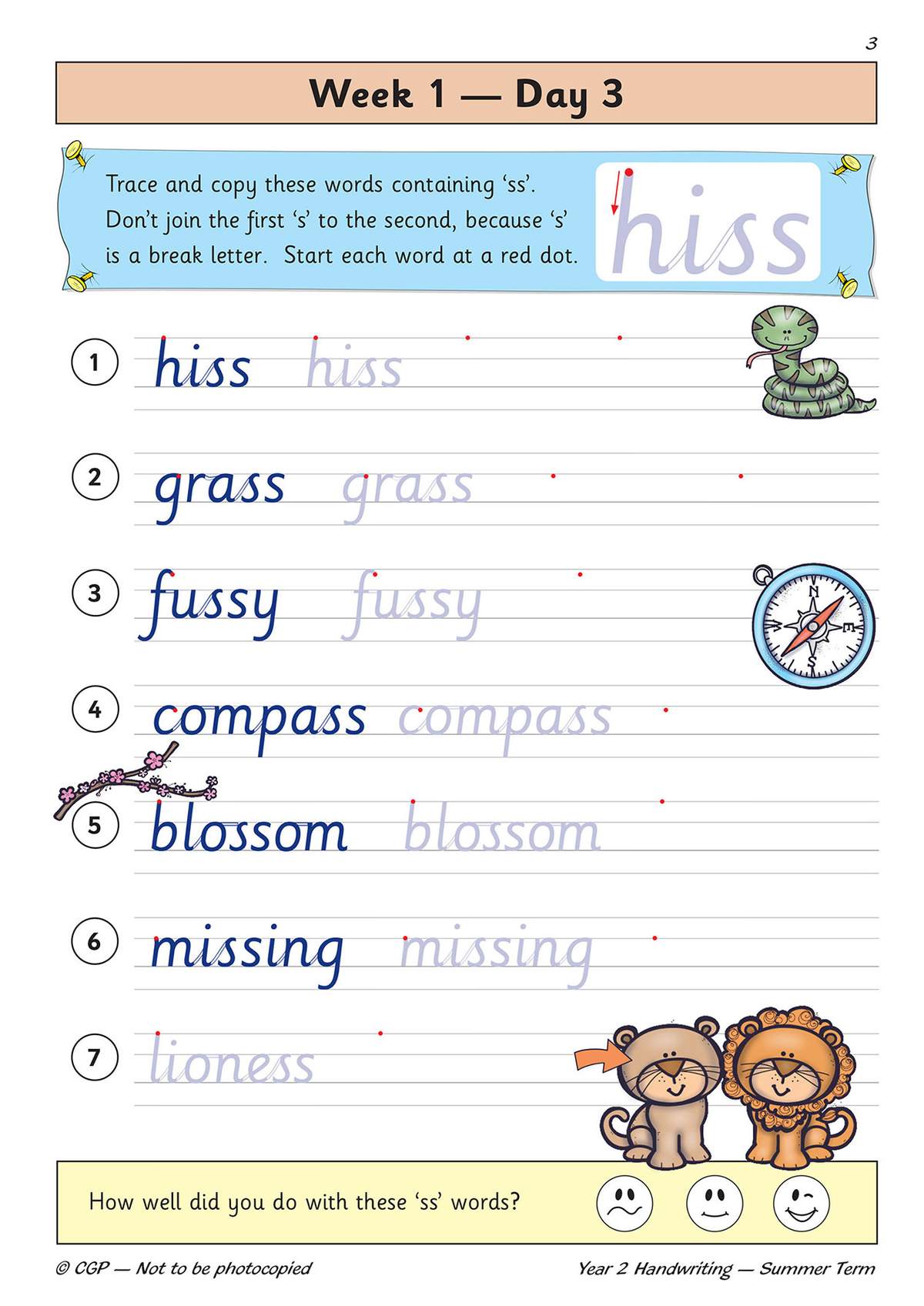 Children trace and copy seven words containing 'ss', then tick a face to self-assess their effort