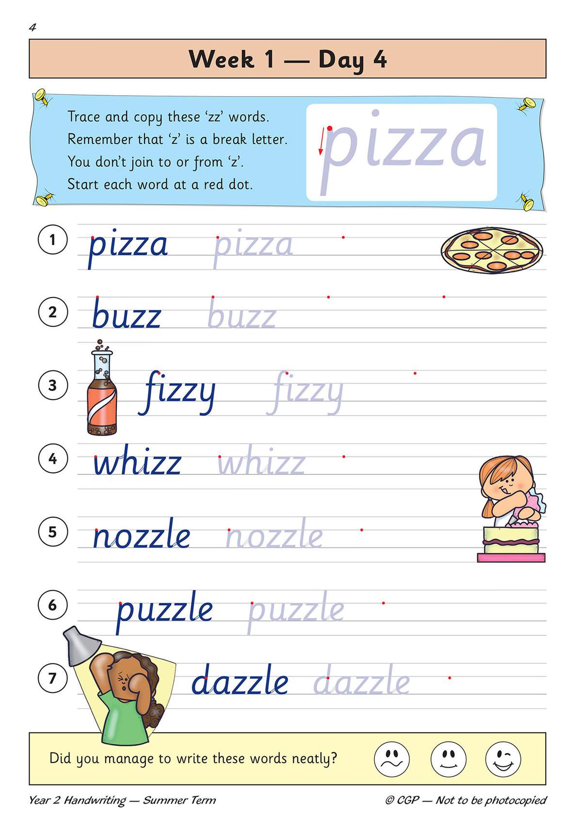 Children trace and copy seven 'zz' words, then tick a face to self-assess their neatness