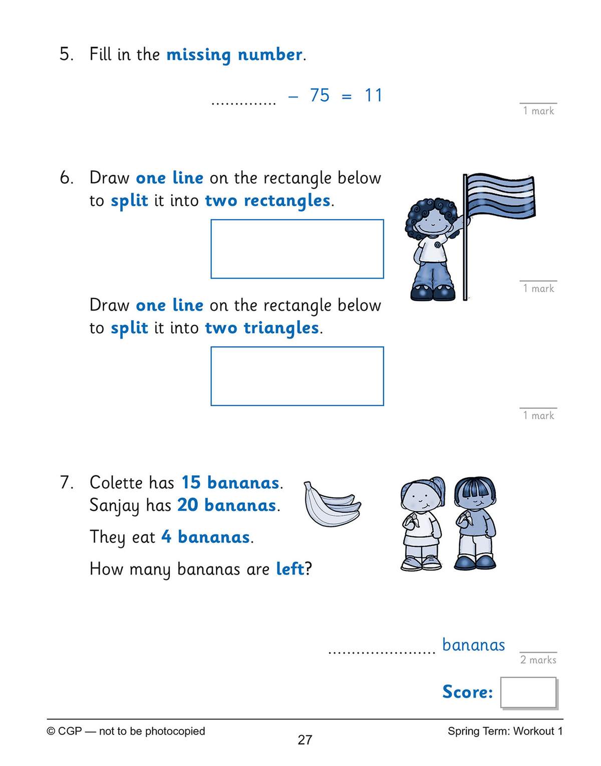 Three short maths questions on subtraction, including a word problem about bananas, with space to write answers
