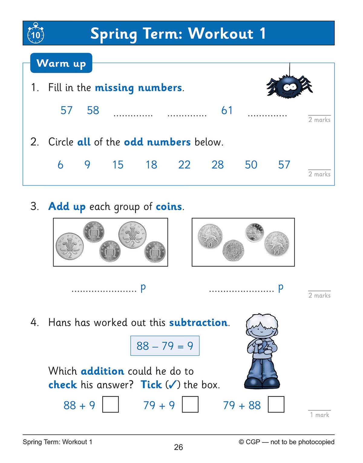Children fill in missing numbers, circle odd numbers, add coins, and check a subtraction sum using addition