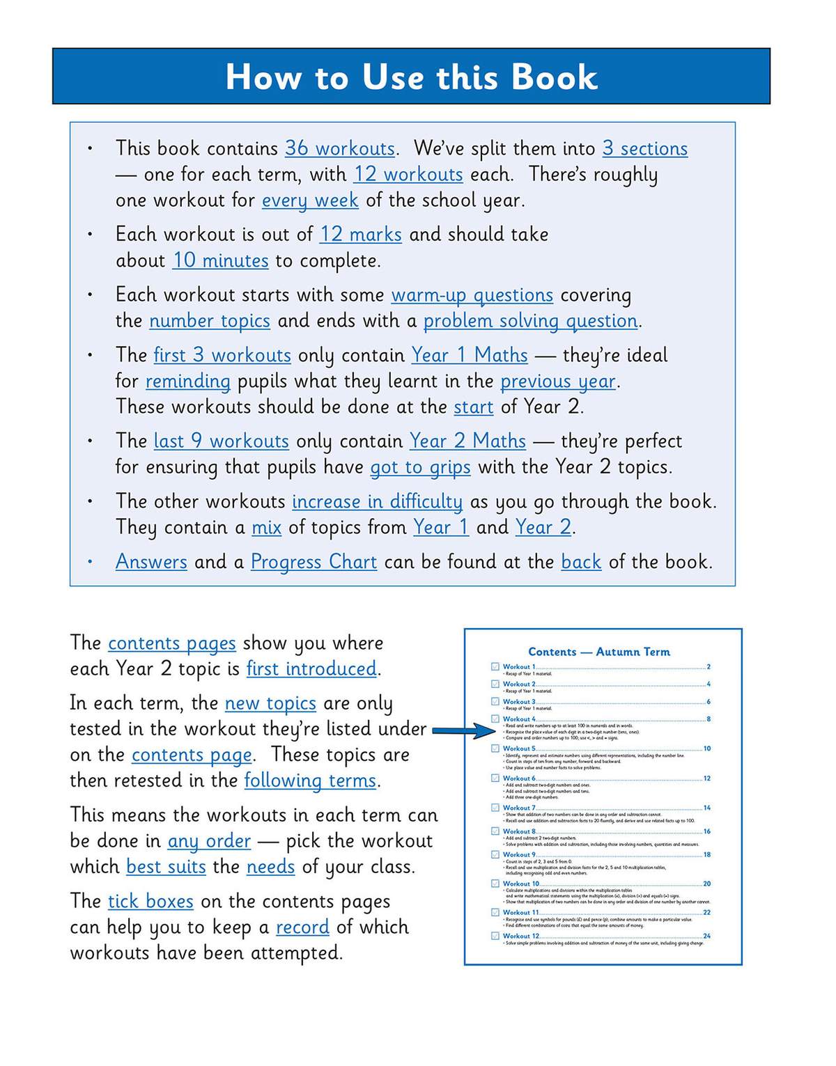 Instructions explain how to use the 36 weekly workouts, split into three terms, with tips on difficulty and marking