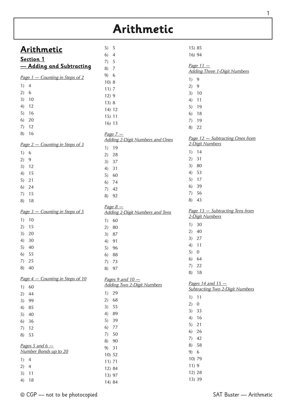 A dense list of answers for arithmetic questions, organised by page and topic for easy checking