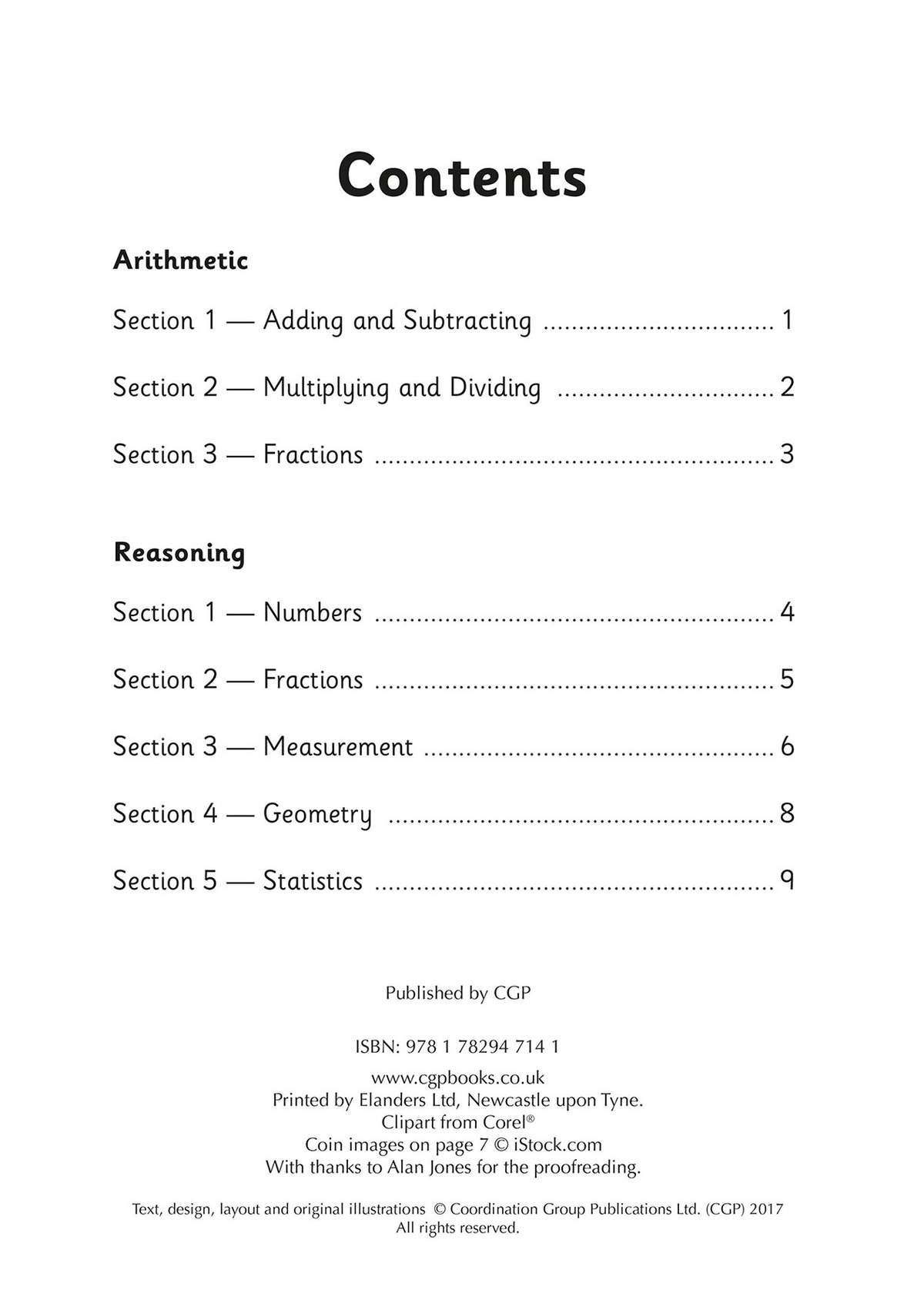 A contents page listing arithmetic and reasoning sections with page numbers, plus publisher details at the bottom