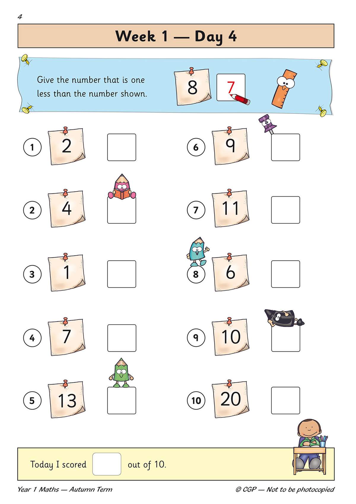 Children write the number one less than each shown number, then tick a box to record their score out of 10