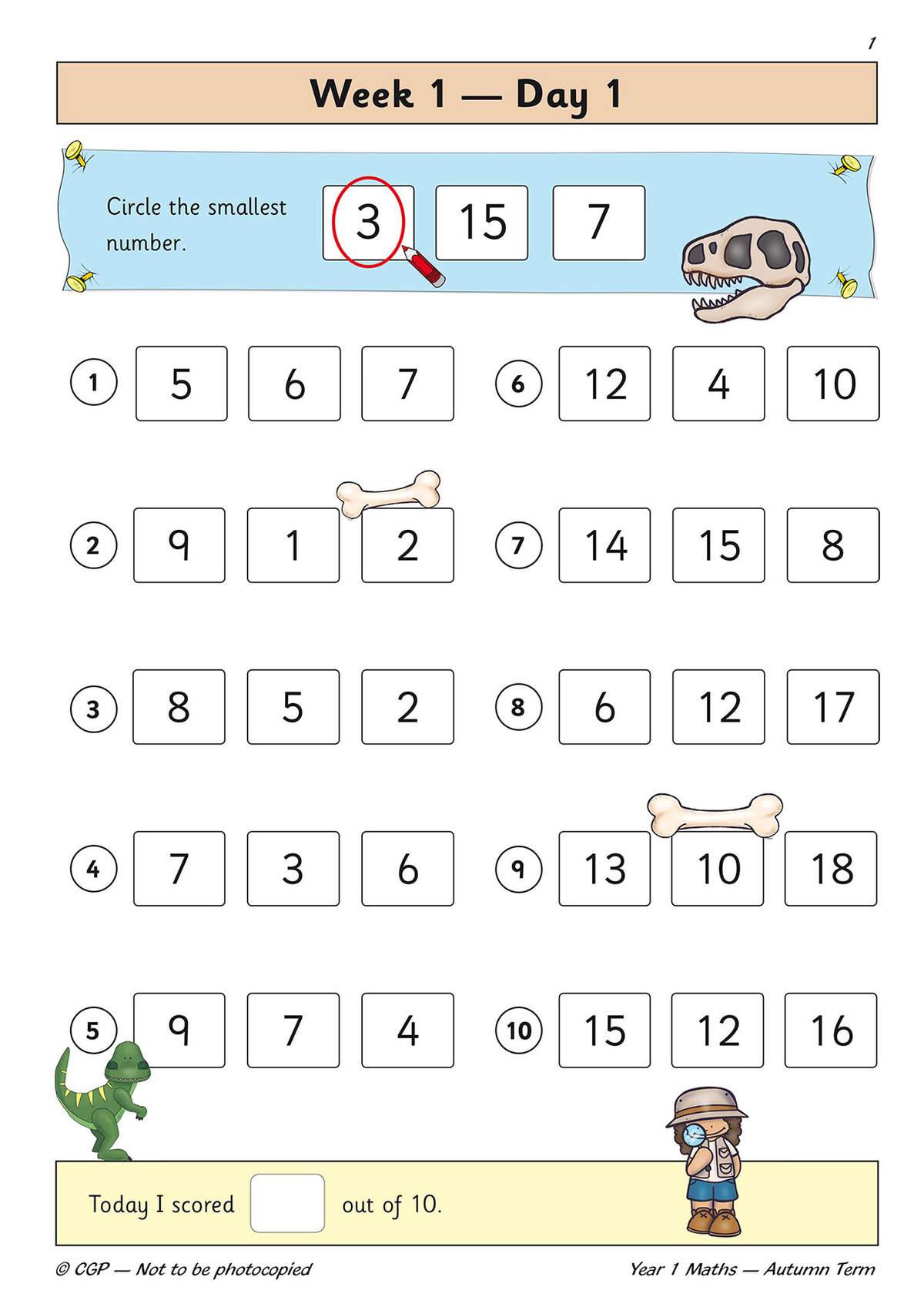 Children circle the smallest number in each set of three, then write their score out of 10