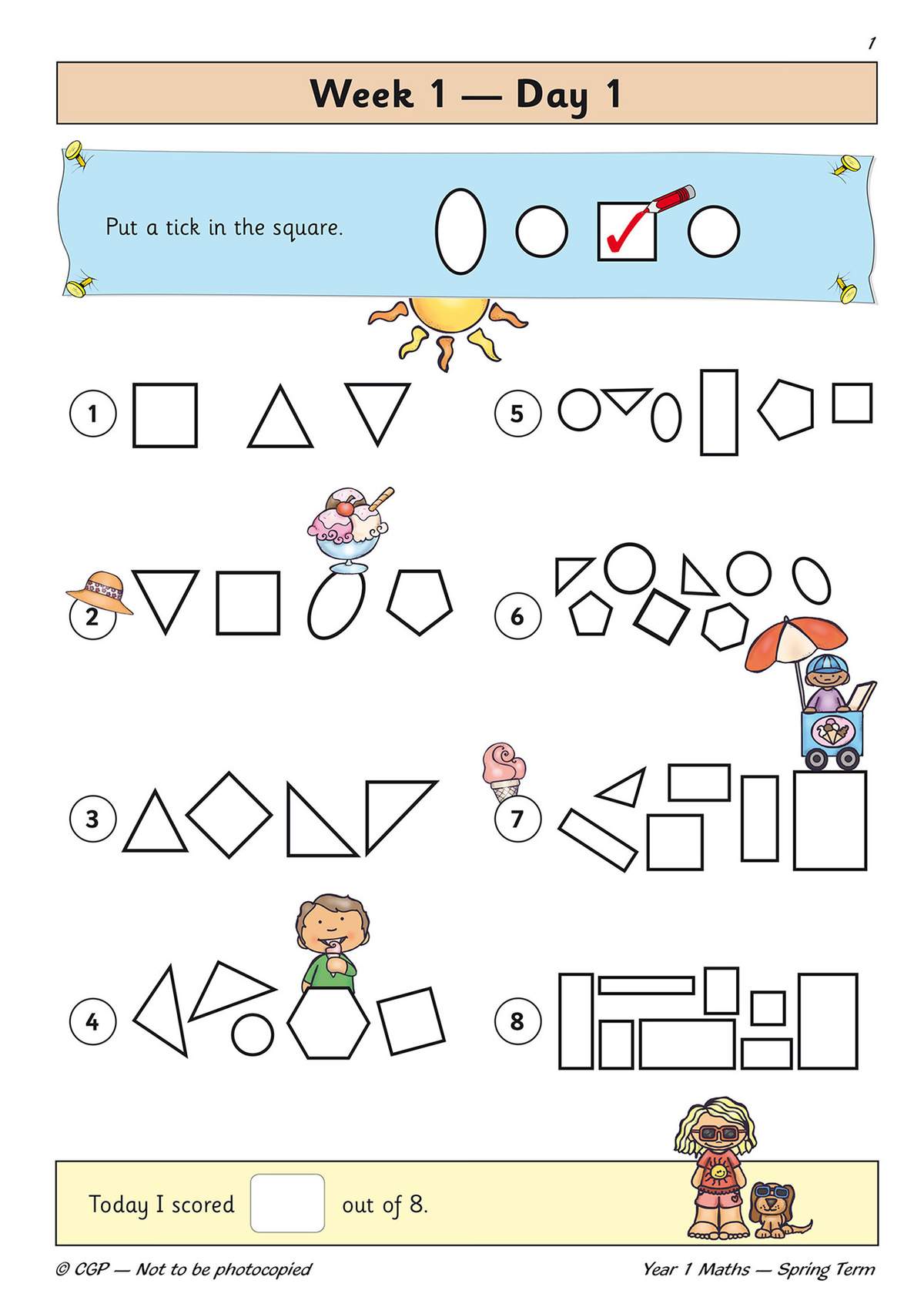 Children tick the square in each row to identify the correct 2D shape from a group of eight