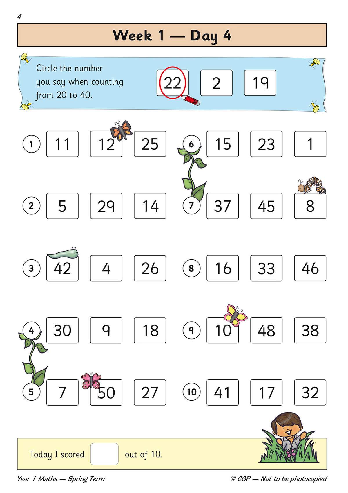 Children circle numbers between 20 and 40, then write their score out of 10 in a box